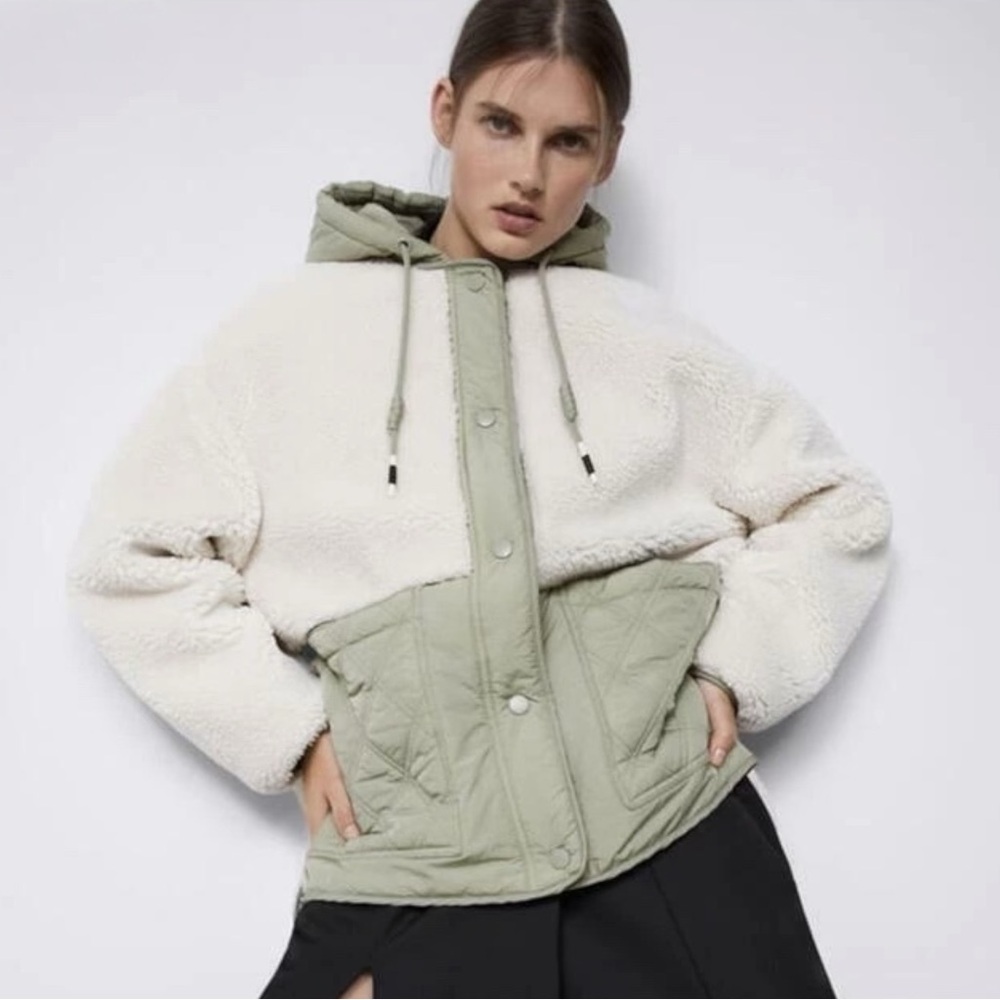 Zara Padded Cream White & Green Hooded Sherpa Fleece Button Up Jacket sz S - Picture 3 of 9
